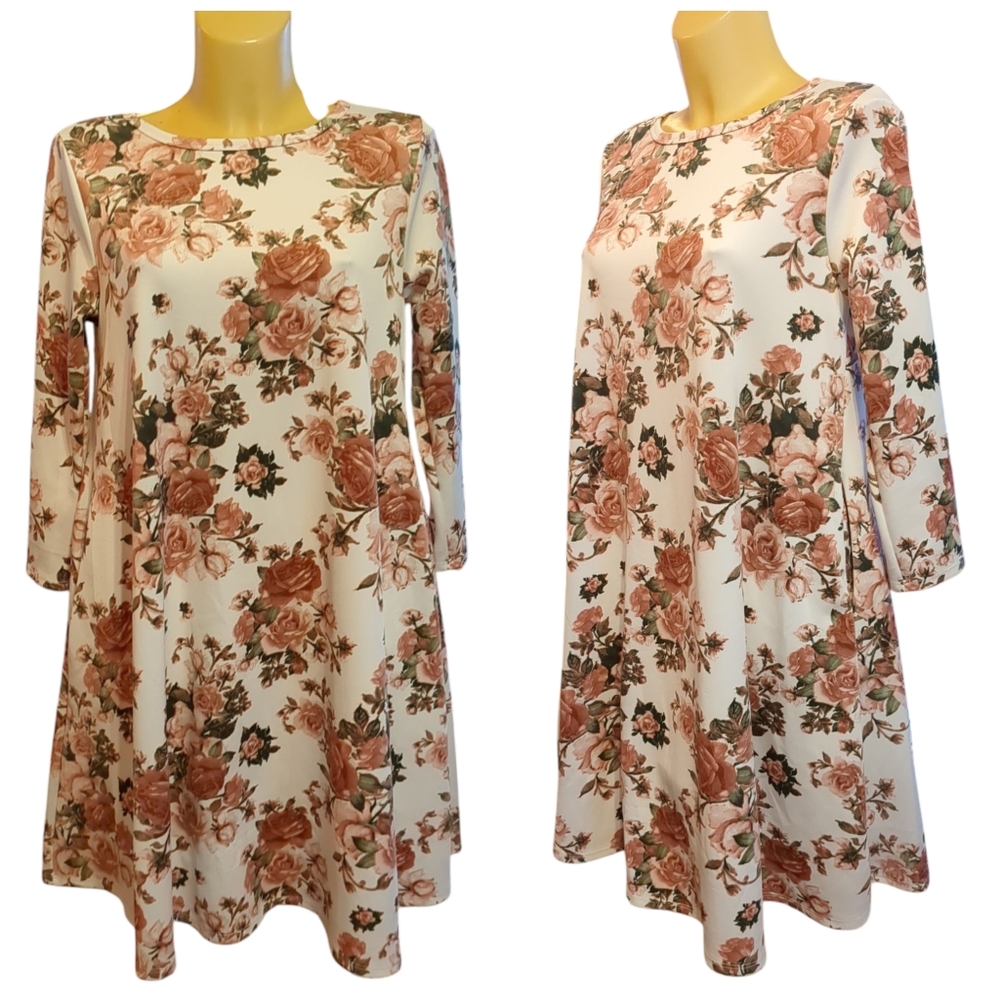 HONEY & LACE White Pink Green Floral ¾ Sleeve Stretchy Dress